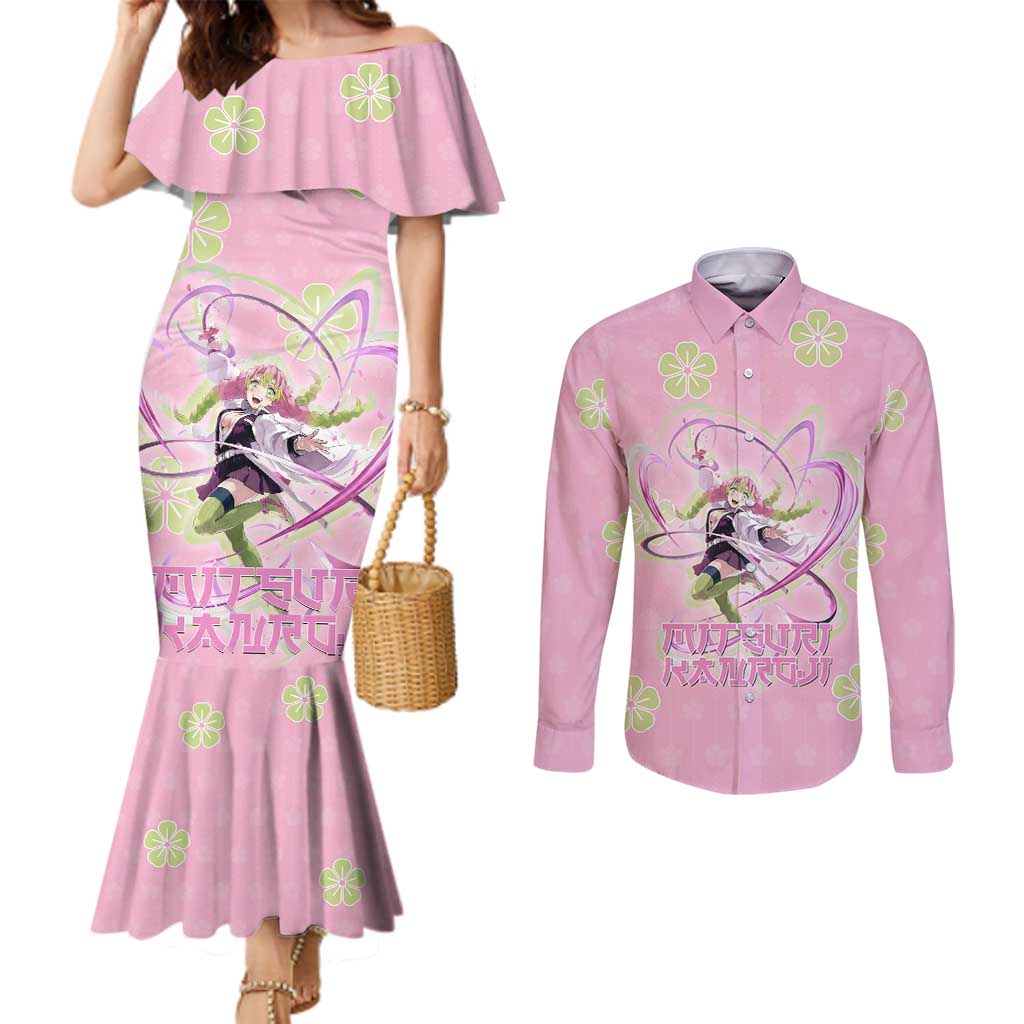 Kanroji Mitsuri Demon Slayer Couples Matching Mermaid Dress and Long Sleeve Button Shirt Pastel Blossom Anime Lovecore Style