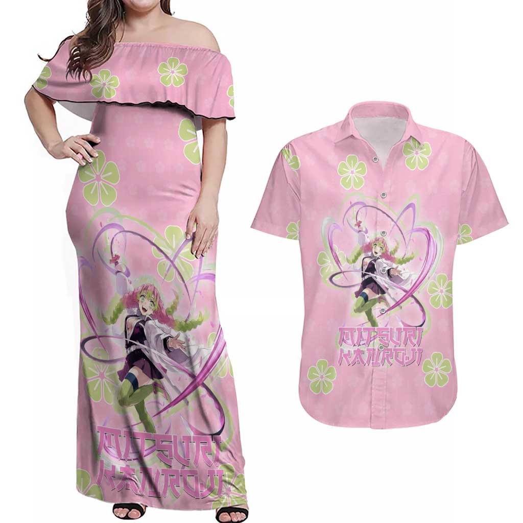 Kanroji Mitsuri Demon Slayer Couples Matching Off Shoulder Maxi Dress and Hawaiian Shirt Pastel Blossom Anime Lovecore Style