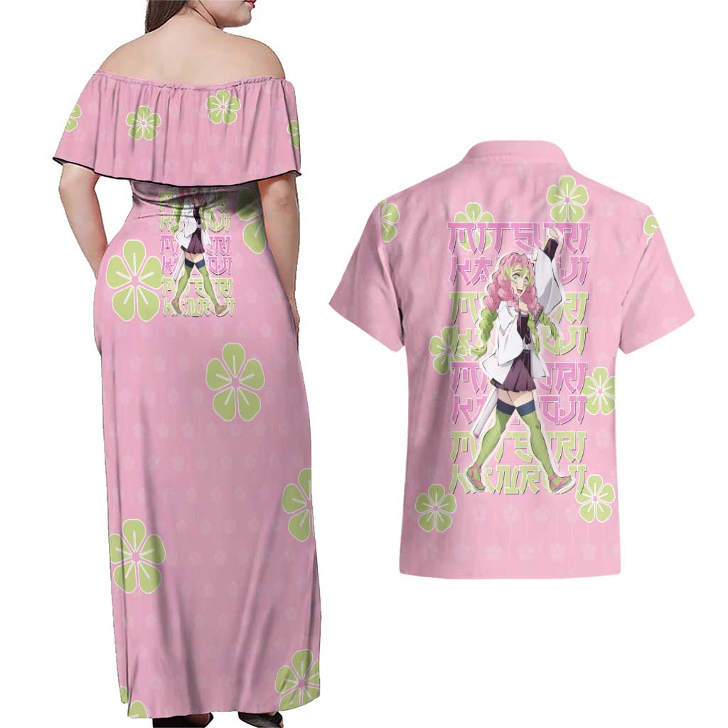 Kanroji Mitsuri Demon Slayer Couples Matching Off Shoulder Maxi Dress and Hawaiian Shirt Pastel Blossom Anime Lovecore Style