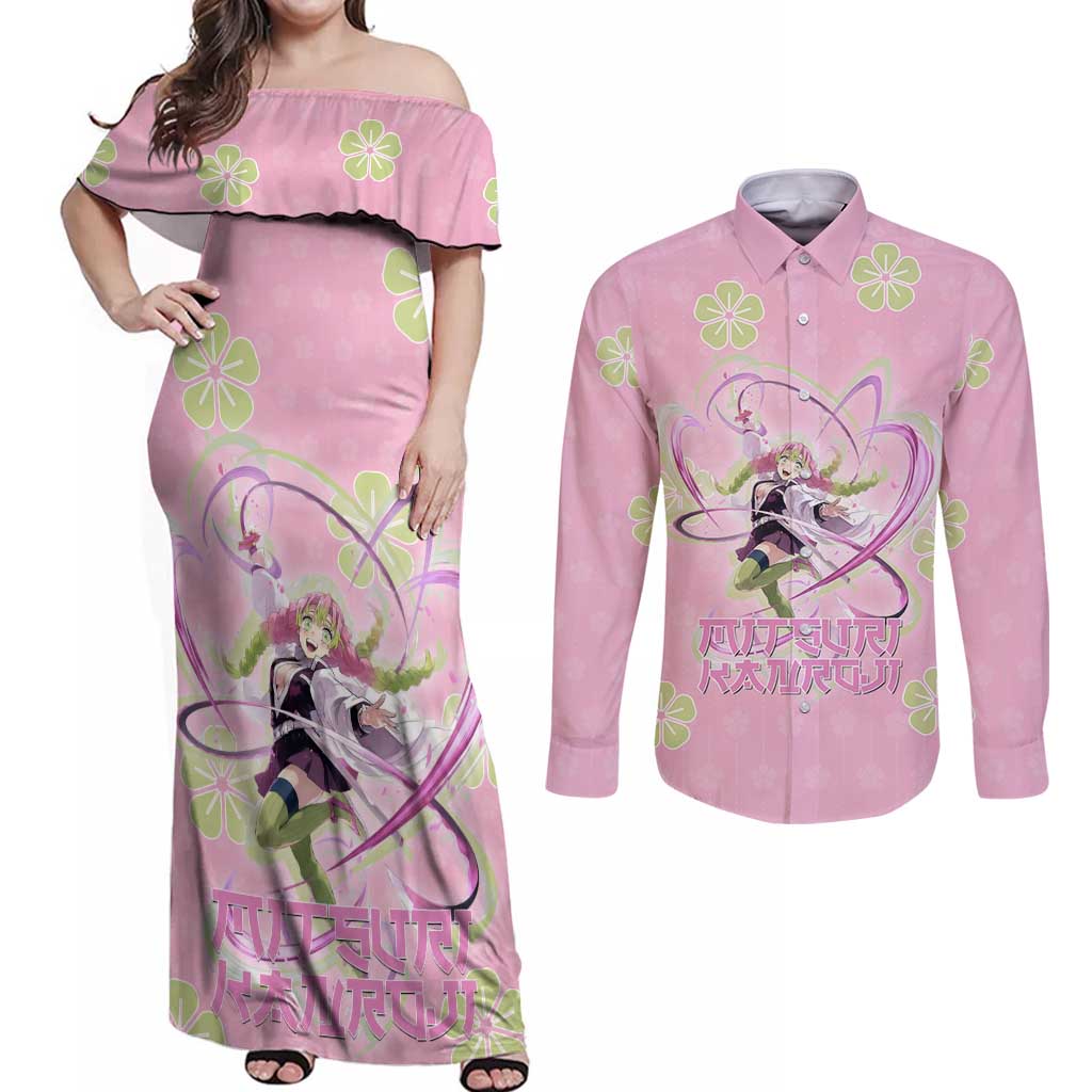 Kanroji Mitsuri Demon Slayer Couples Matching Off Shoulder Maxi Dress and Long Sleeve Button Shirt Pastel Blossom Anime Lovecore Style