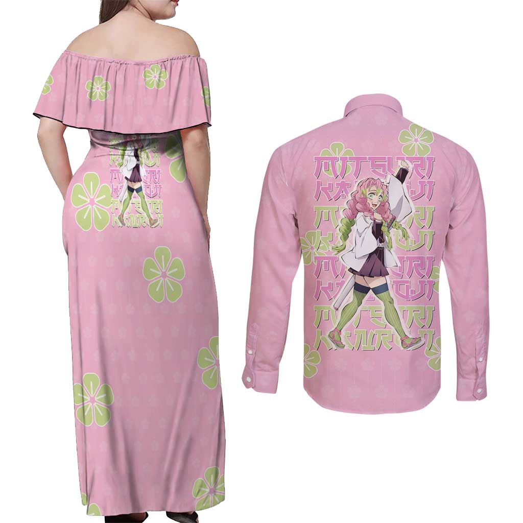 Kanroji Mitsuri Demon Slayer Couples Matching Off Shoulder Maxi Dress and Long Sleeve Button Shirt Pastel Blossom Anime Lovecore Style