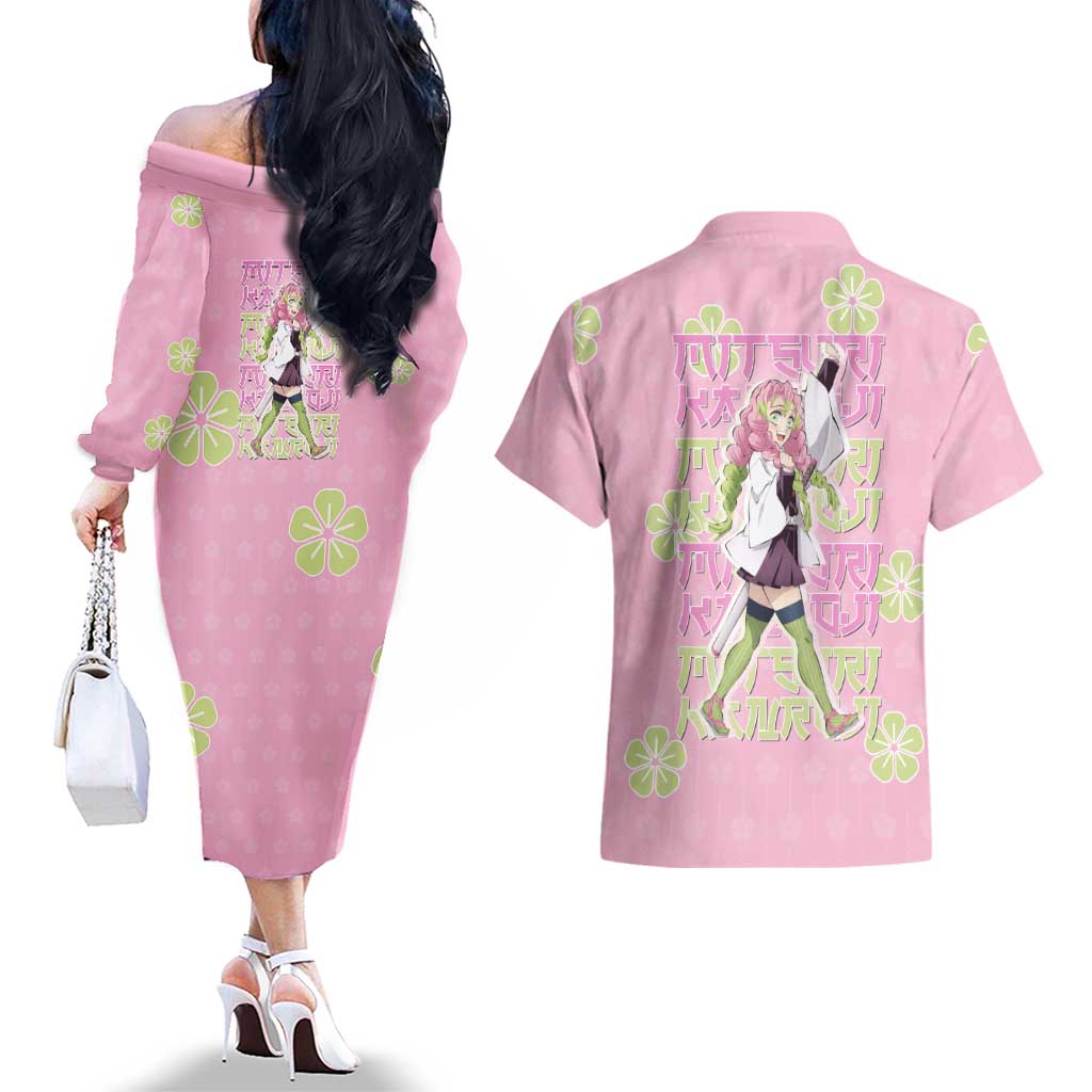 Kanroji Mitsuri Demon Slayer Couples Matching Off The Shoulder Long Sleeve Dress and Hawaiian Shirt Pastel Blossom Anime Lovecore Style