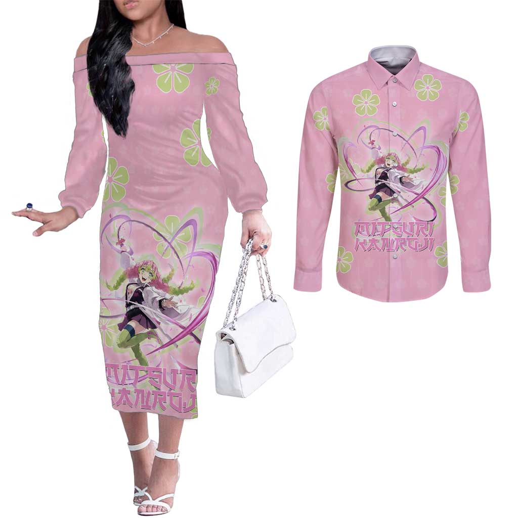 Kanroji Mitsuri Demon Slayer Couples Matching Off The Shoulder Long Sleeve Dress and Long Sleeve Button Shirt Pastel Blossom Anime Lovecore Style