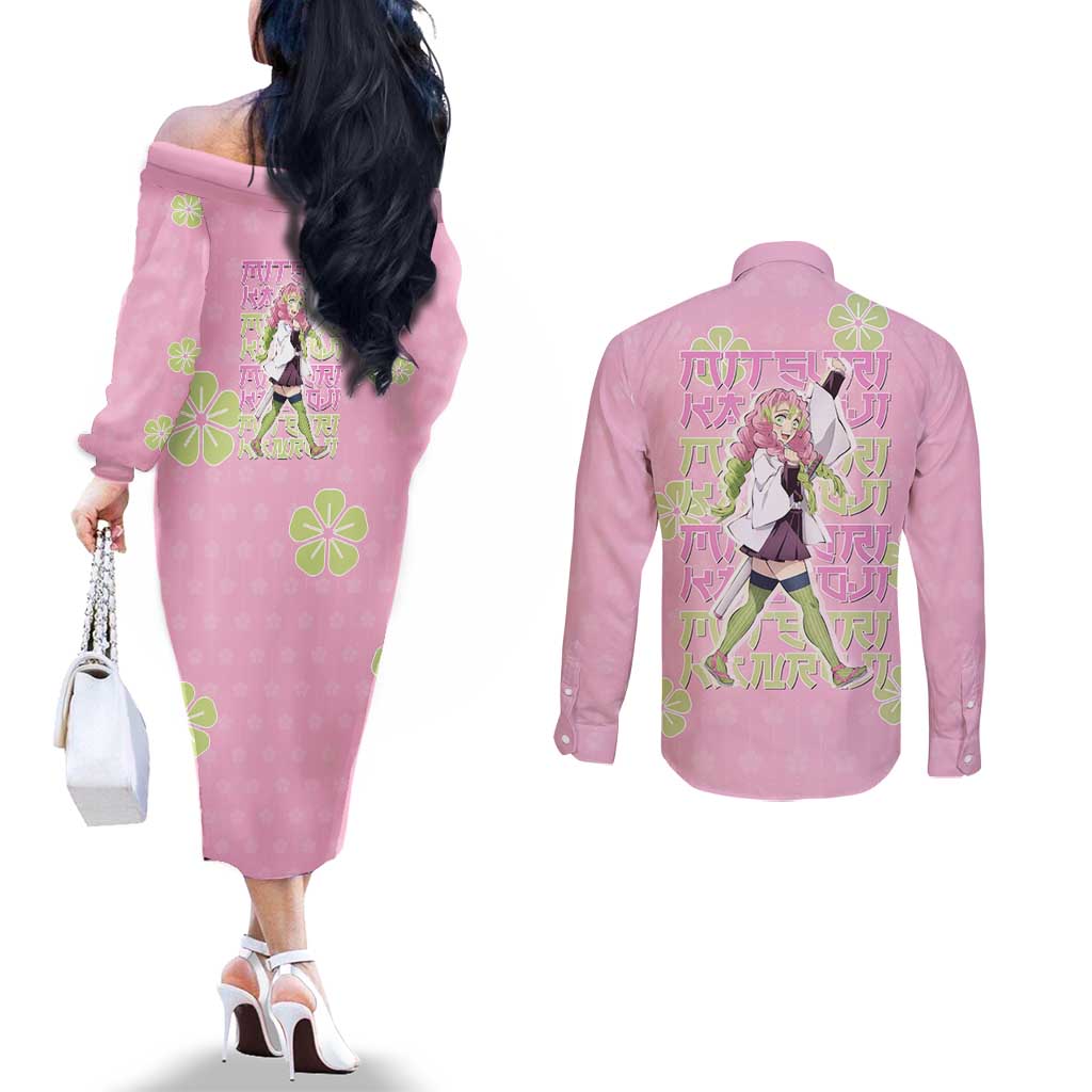 Kanroji Mitsuri Demon Slayer Couples Matching Off The Shoulder Long Sleeve Dress and Long Sleeve Button Shirt Pastel Blossom Anime Lovecore Style
