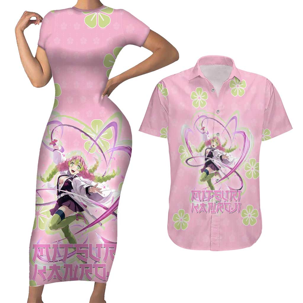 Kanroji Mitsuri Demon Slayer Couples Matching Short Sleeve Bodycon Dress and Hawaiian Shirt Pastel Blossom Anime Lovecore Style