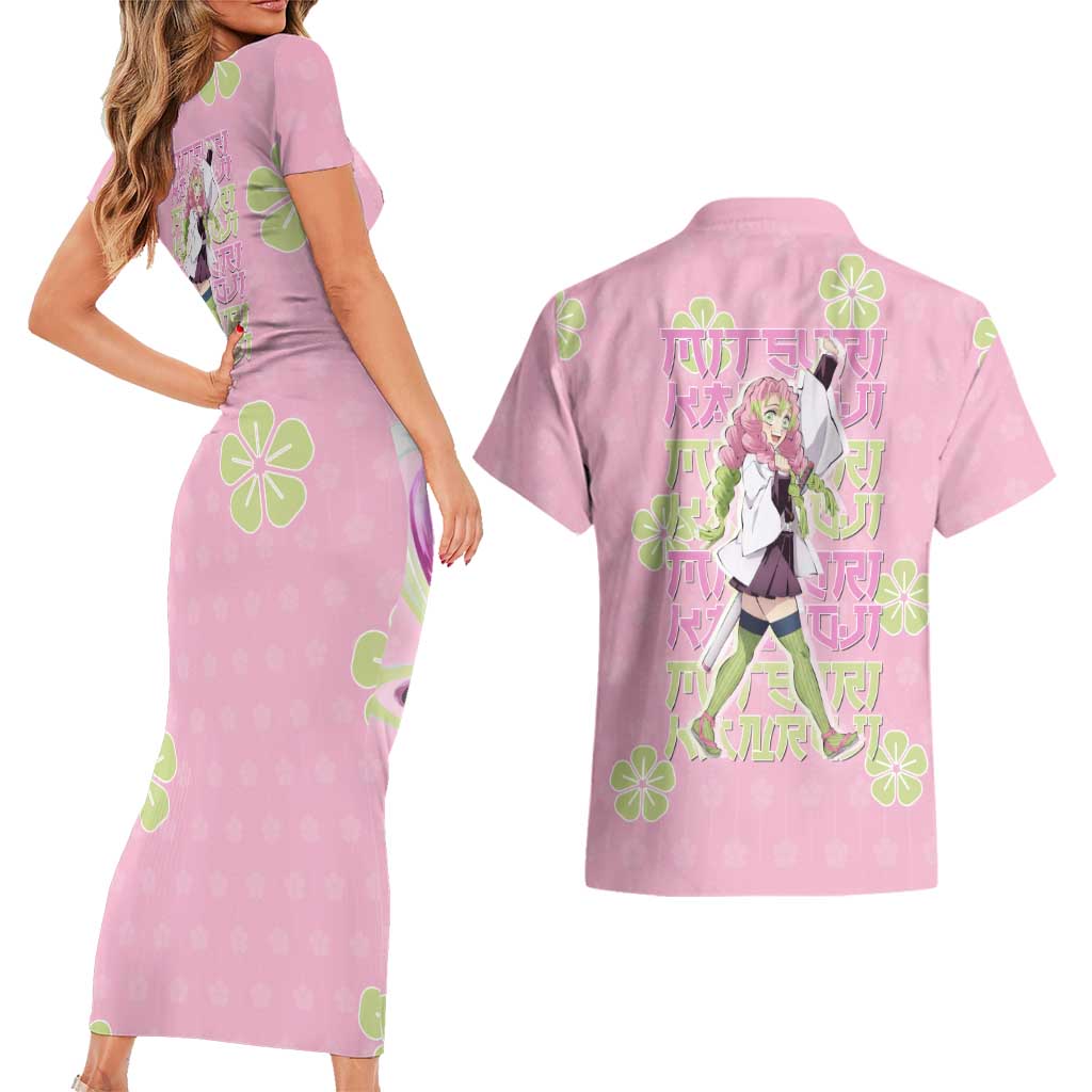 Kanroji Mitsuri Demon Slayer Couples Matching Short Sleeve Bodycon Dress and Hawaiian Shirt Pastel Blossom Anime Lovecore Style