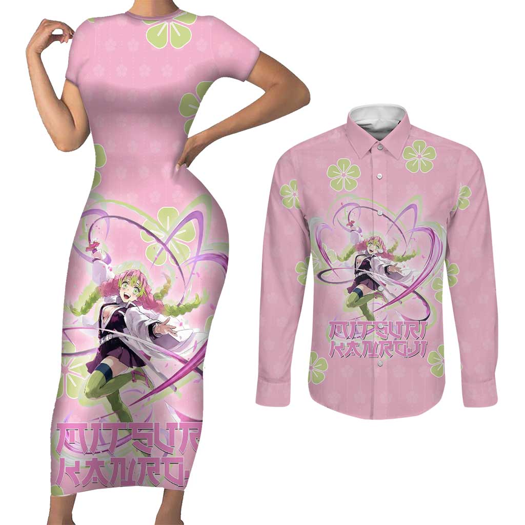 Kanroji Mitsuri Demon Slayer Couples Matching Short Sleeve Bodycon Dress and Long Sleeve Button Shirt Pastel Blossom Anime Lovecore Style
