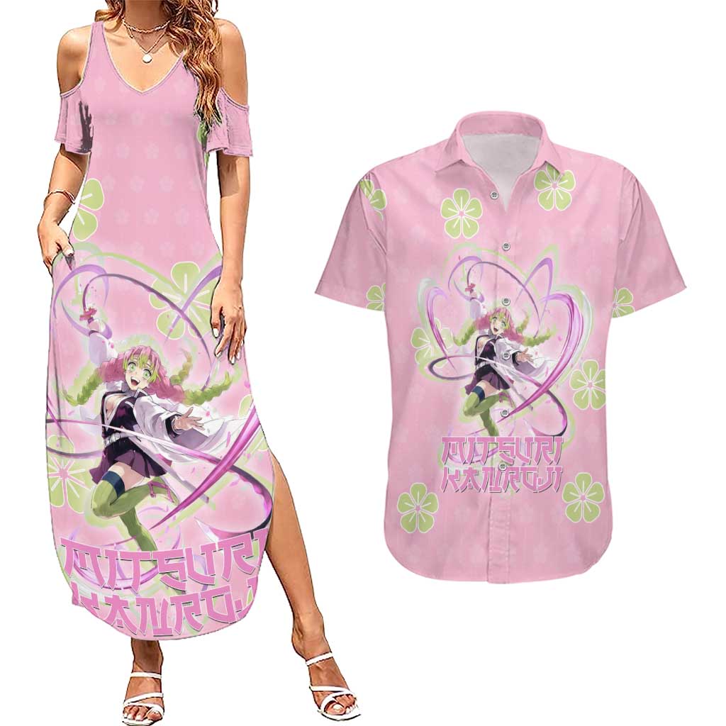 Kanroji Mitsuri Demon Slayer Couples Matching Summer Maxi Dress and Hawaiian Shirt Pastel Blossom Anime Lovecore Style