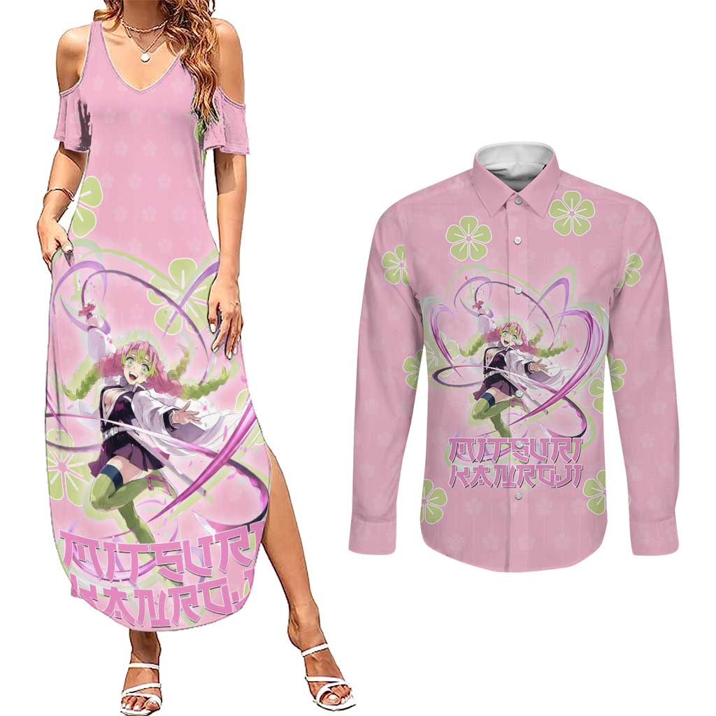Kanroji Mitsuri Demon Slayer Couples Matching Summer Maxi Dress and Long Sleeve Button Shirt Pastel Blossom Anime Lovecore Style