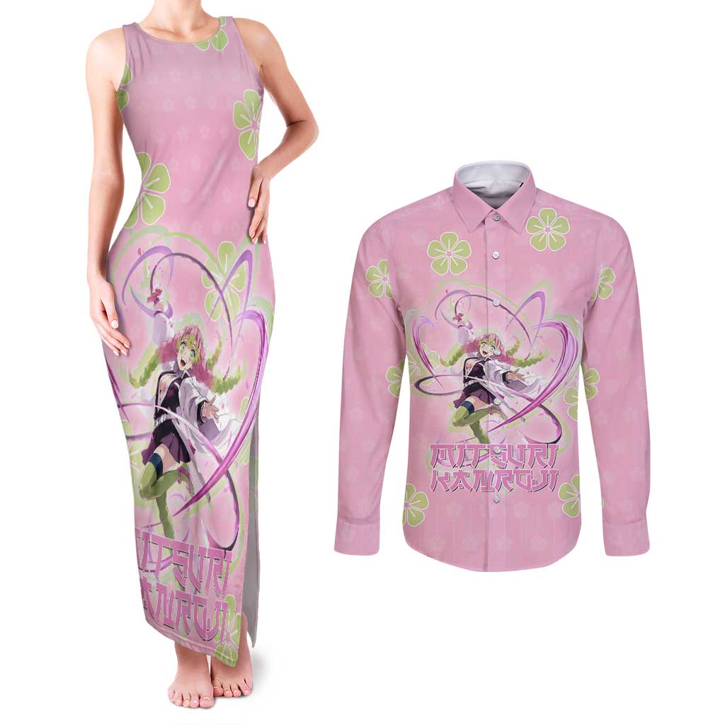 Kanroji Mitsuri Demon Slayer Couples Matching Tank Maxi Dress and Long Sleeve Button Shirt Pastel Blossom Anime Lovecore Style
