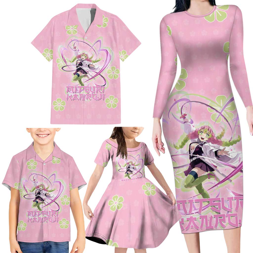 Kanroji Mitsuri Demon Slayer Family Matching Long Sleeve Bodycon Dress and Hawaiian Shirt Pastel Blossom Anime Lovecore Style