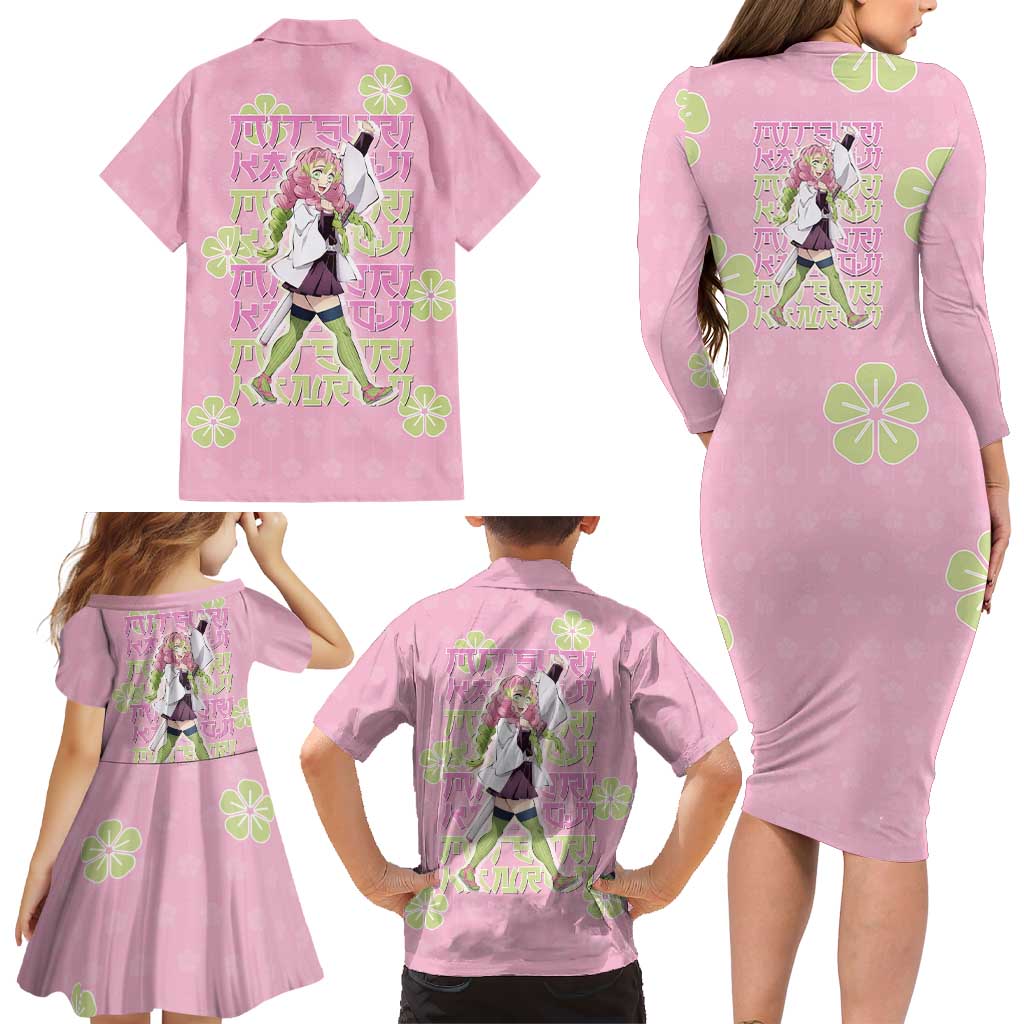 Kanroji Mitsuri Demon Slayer Family Matching Long Sleeve Bodycon Dress and Hawaiian Shirt Pastel Blossom Anime Lovecore Style