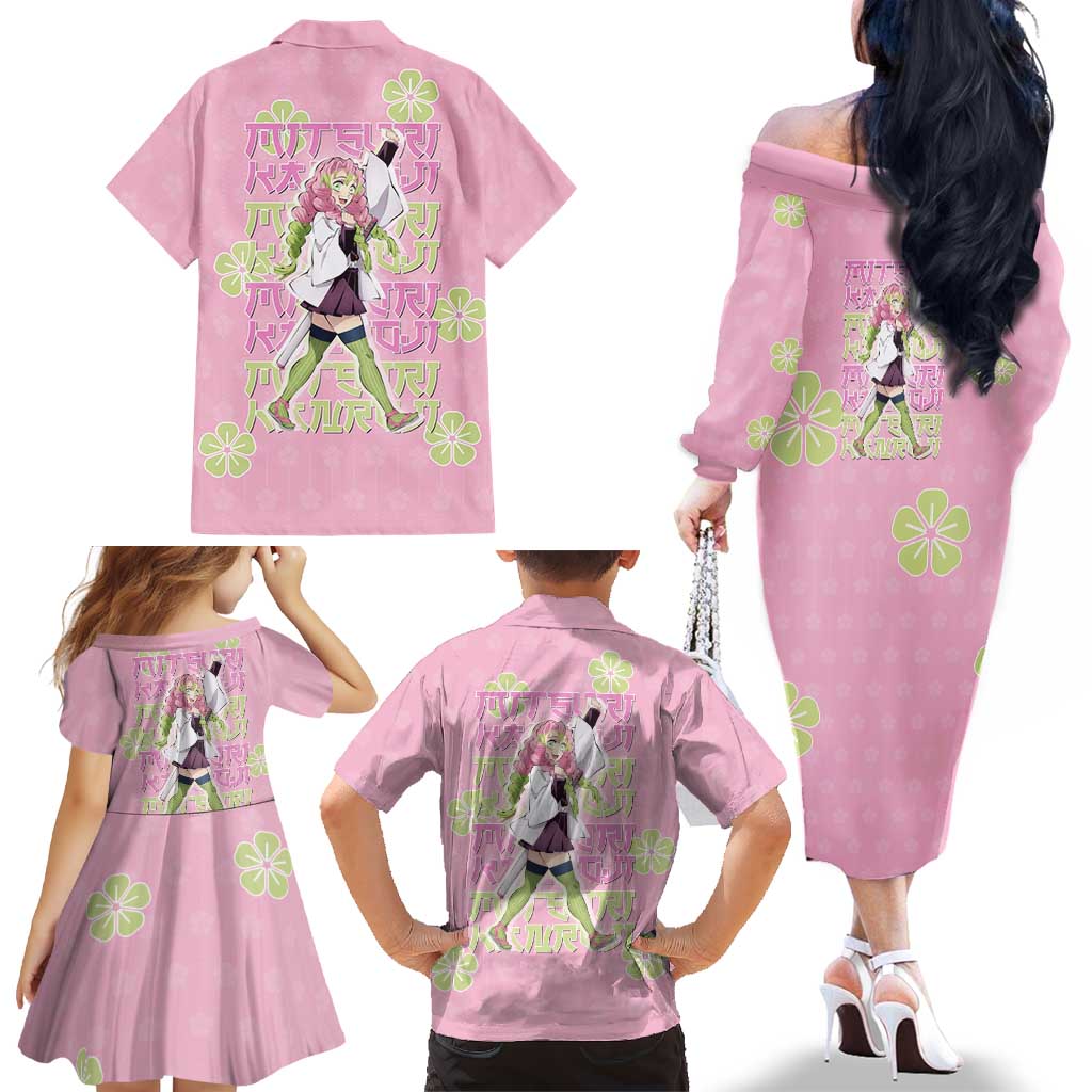 Kanroji Mitsuri Demon Slayer Family Matching Off The Shoulder Long Sleeve Dress and Hawaiian Shirt Pastel Blossom Anime Lovecore Style