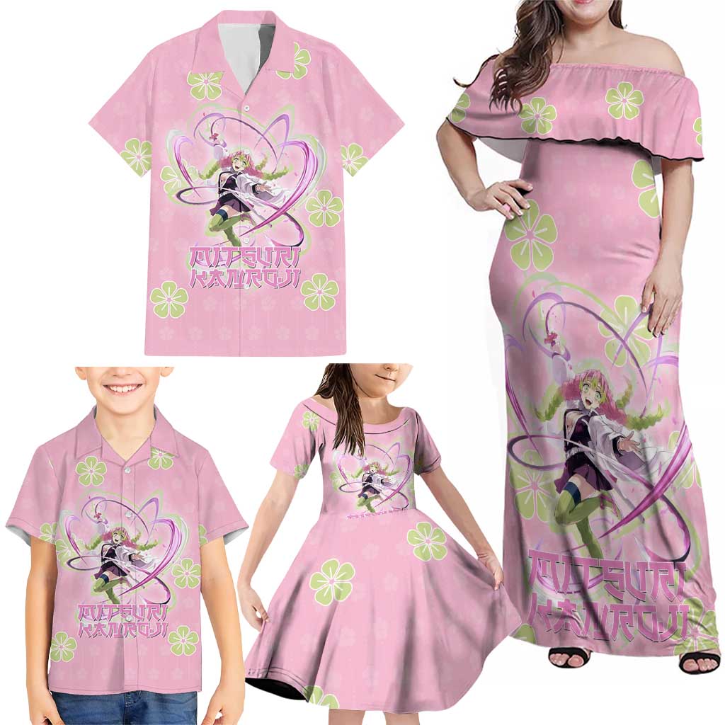 Kanroji Mitsuri Demon Slayer Family Matching Off Shoulder Maxi Dress and Hawaiian Shirt Pastel Blossom Anime Lovecore Style