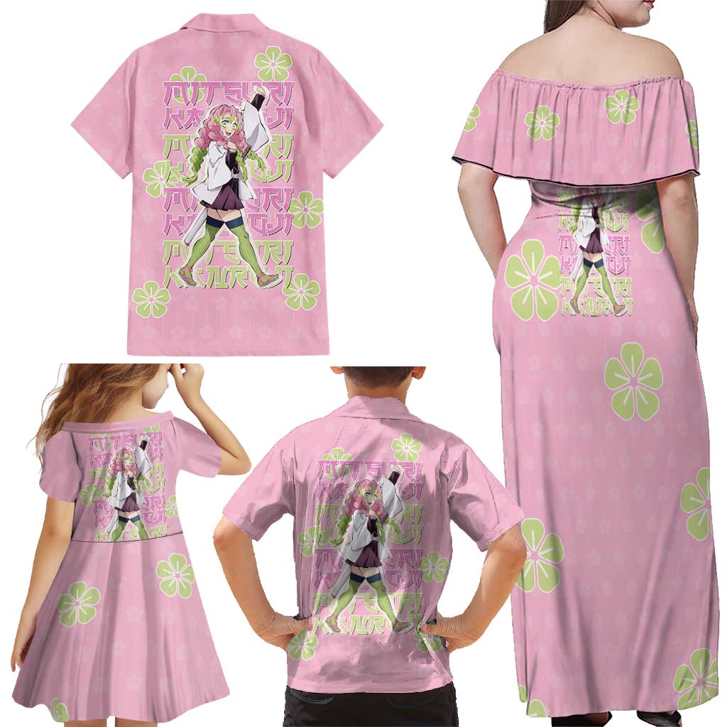 Kanroji Mitsuri Demon Slayer Family Matching Off Shoulder Maxi Dress and Hawaiian Shirt Pastel Blossom Anime Lovecore Style