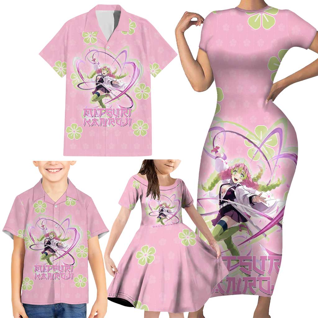 Kanroji Mitsuri Demon Slayer Family Matching Short Sleeve Bodycon Dress and Hawaiian Shirt Pastel Blossom Anime Lovecore Style