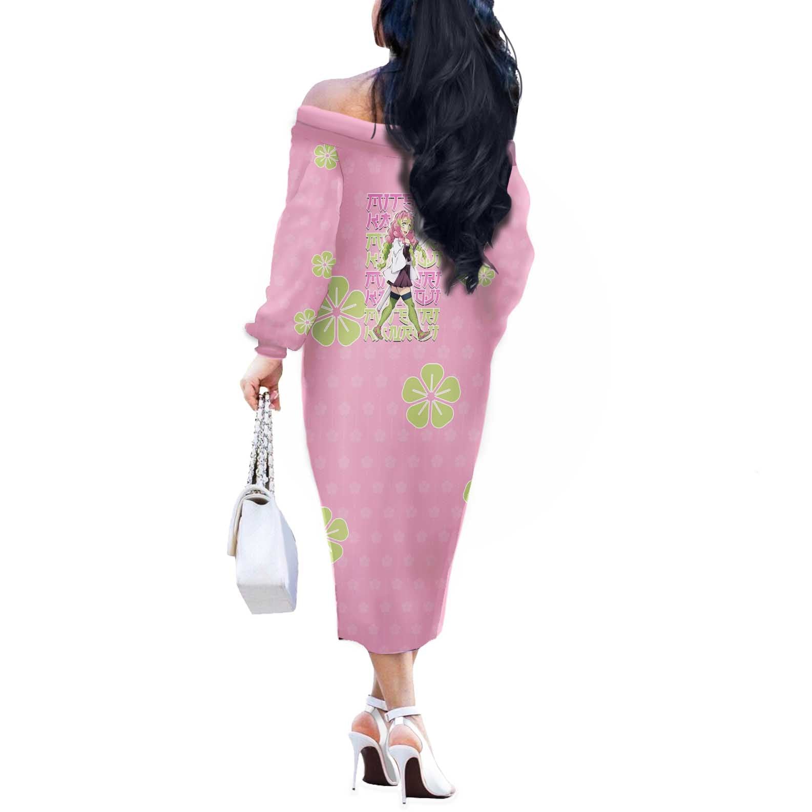 Kanroji Mitsuri Demon Slayer Off The Shoulder Long Sleeve Dress Pastel Blossom Anime Lovecore Style