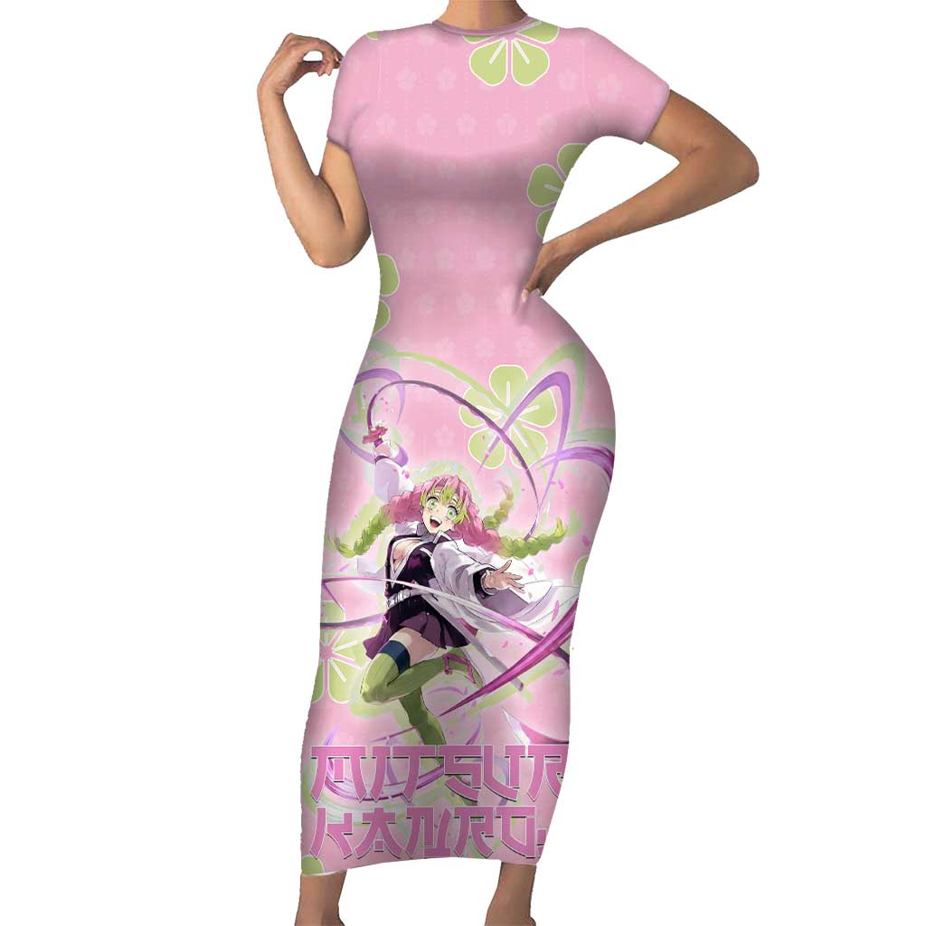 Kanroji Mitsuri Demon Slayer Short Sleeve Bodycon Dress Pastel Blossom Anime Lovecore Style
