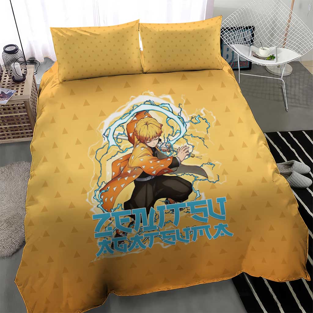 Zenitsu Agatsuma Demon Slayer Bedding Set Thunder Spark Anime Tri-Pattern Style