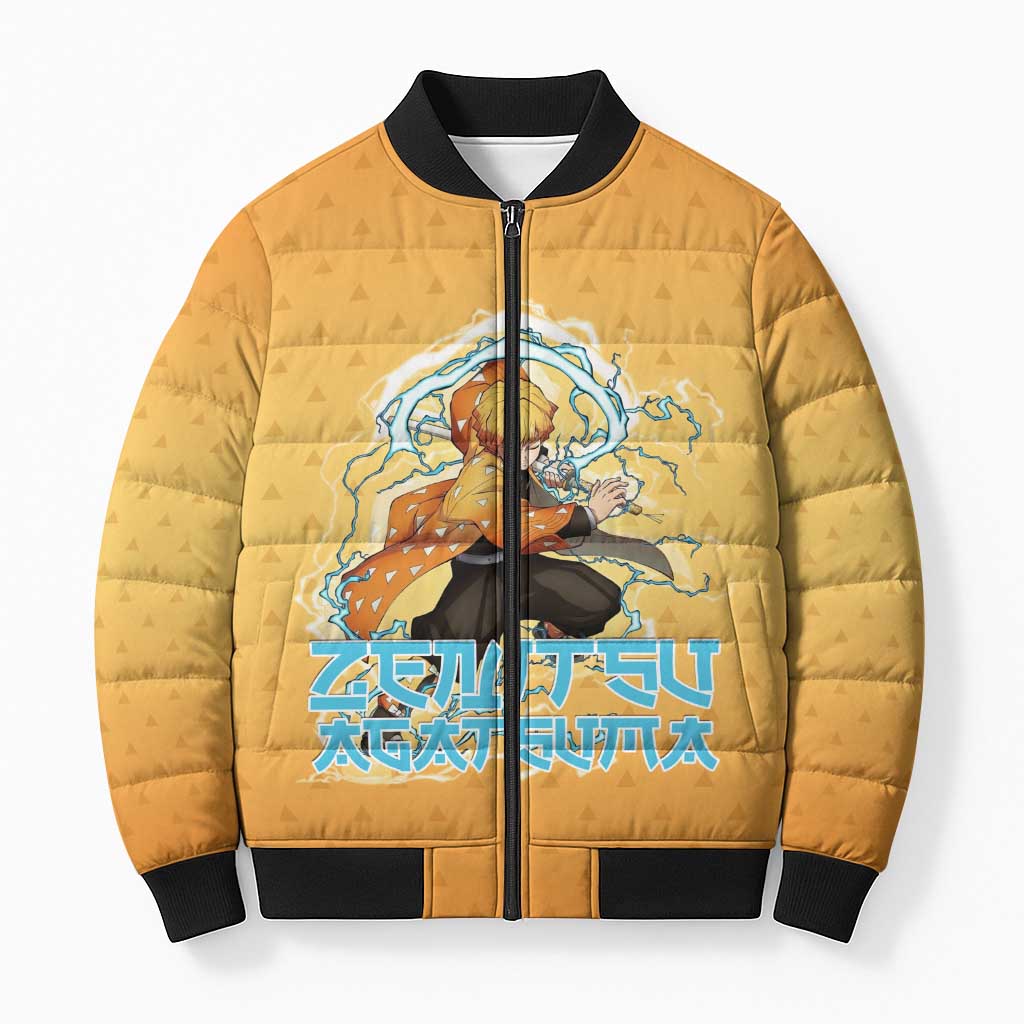 Zenitsu Agatsuma Demon Slayer Bomber Puffer Jacket Thunder Spark Anime Tri-Pattern Style