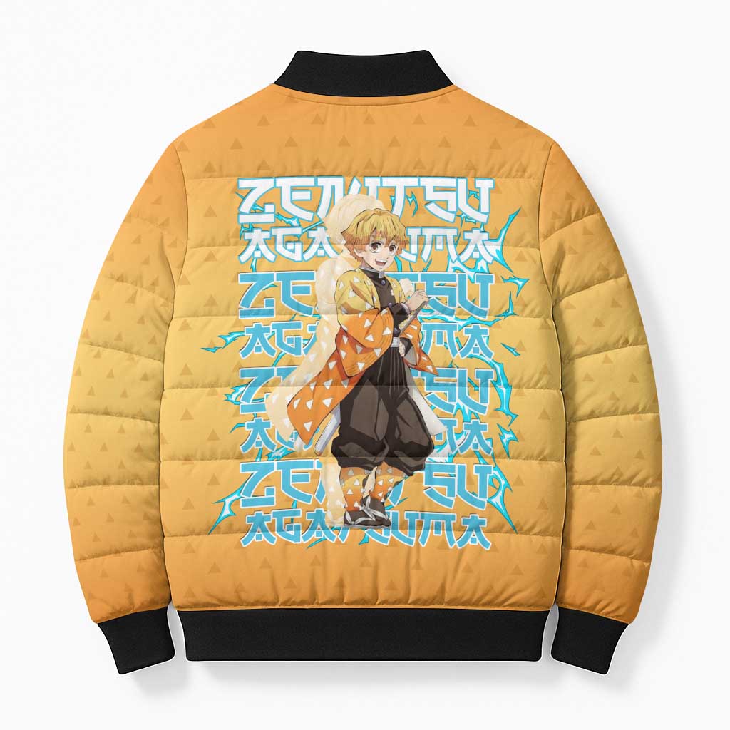 Zenitsu Agatsuma Demon Slayer Bomber Puffer Jacket Thunder Spark Anime Tri-Pattern Style