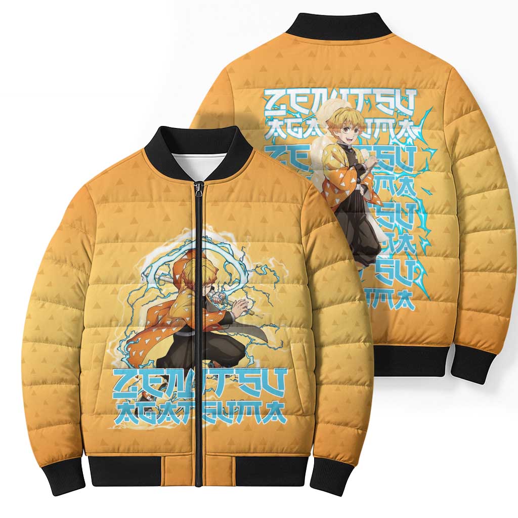 Zenitsu Agatsuma Demon Slayer Bomber Puffer Jacket Thunder Spark Anime Tri-Pattern Style