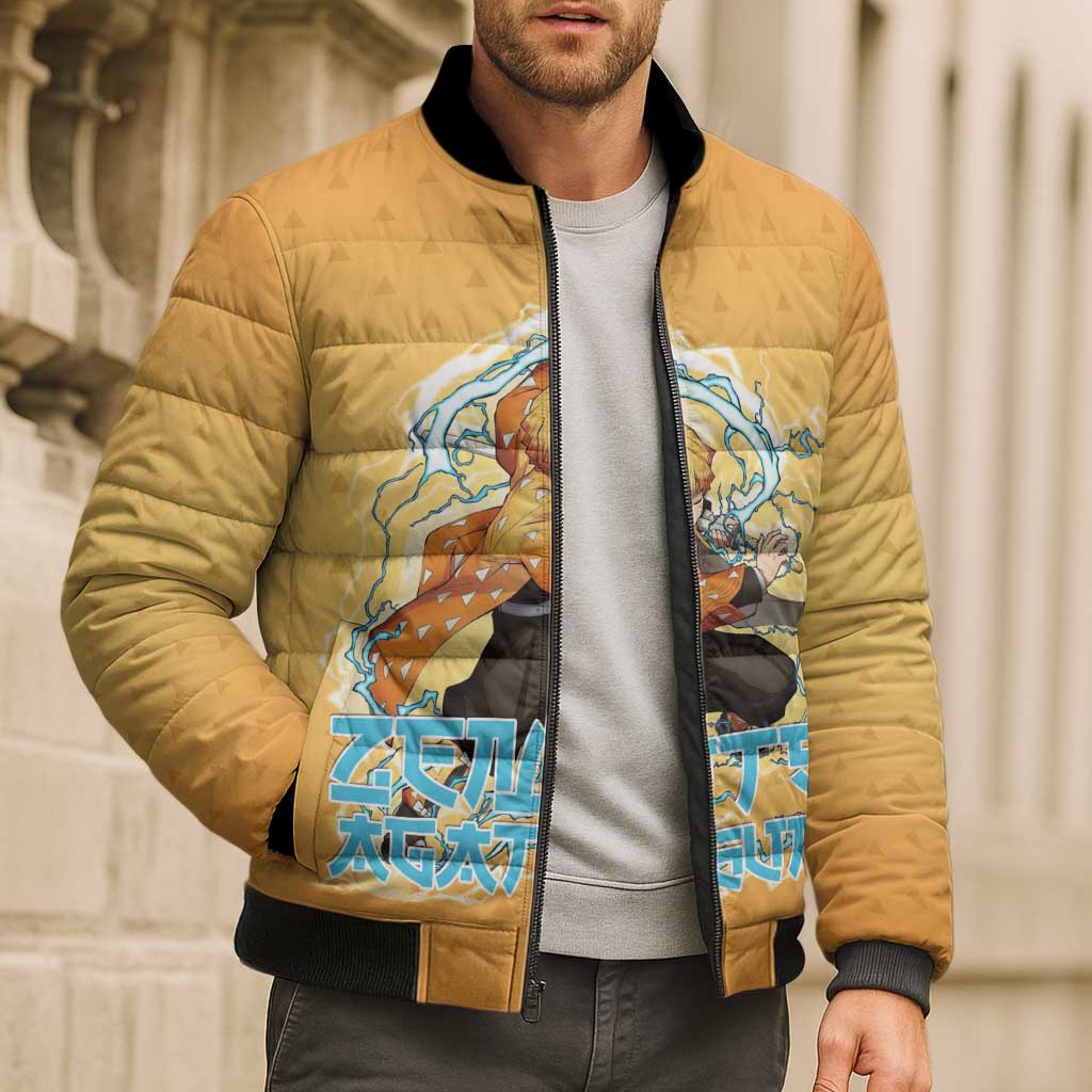 Zenitsu Agatsuma Demon Slayer Bomber Puffer Jacket Thunder Spark Anime Tri-Pattern Style