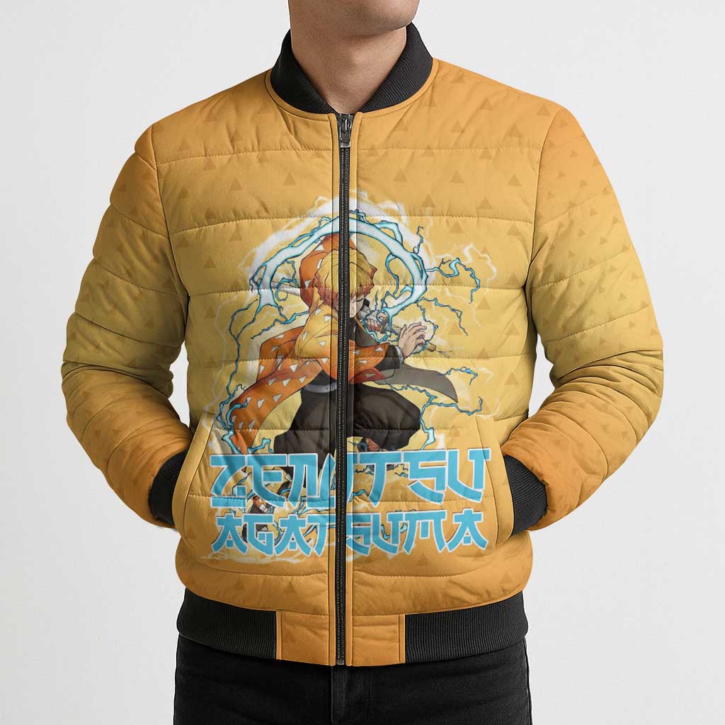 Zenitsu Agatsuma Demon Slayer Bomber Puffer Jacket Thunder Spark Anime Tri-Pattern Style