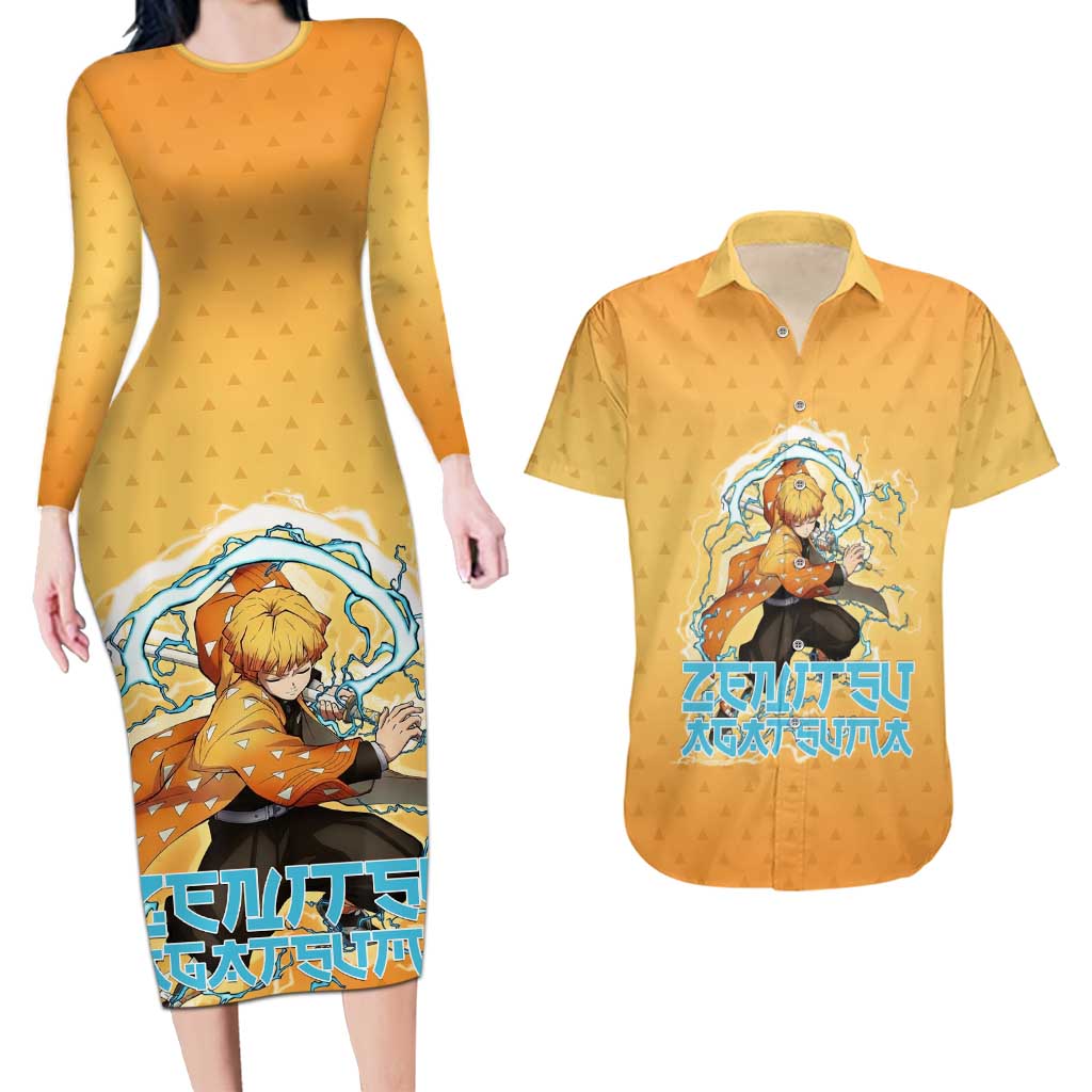 Zenitsu Agatsuma Demon Slayer Couples Matching Long Sleeve Bodycon Dress and Hawaiian Shirt Thunder Spark Anime Tri-Pattern Style