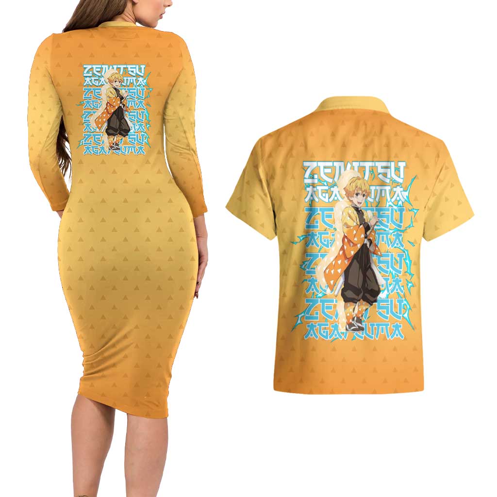Zenitsu Agatsuma Demon Slayer Couples Matching Long Sleeve Bodycon Dress and Hawaiian Shirt Thunder Spark Anime Tri-Pattern Style