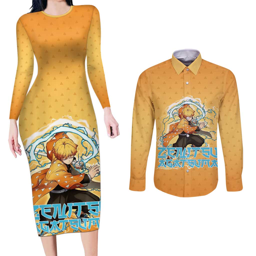 Zenitsu Agatsuma Demon Slayer Couples Matching Long Sleeve Bodycon Dress and Long Sleeve Button Shirt Thunder Spark Anime Tri-Pattern Style