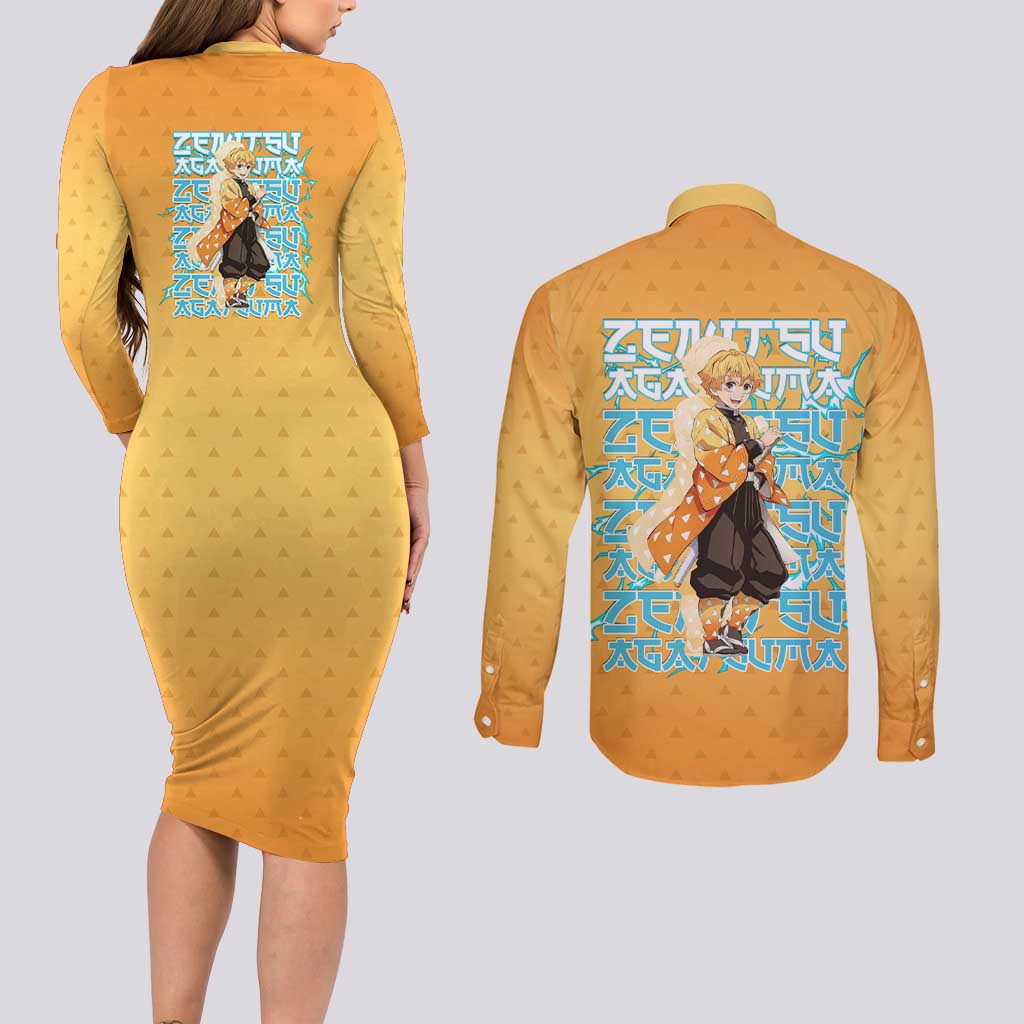 Zenitsu Agatsuma Demon Slayer Couples Matching Long Sleeve Bodycon Dress and Long Sleeve Button Shirt Thunder Spark Anime Tri-Pattern Style