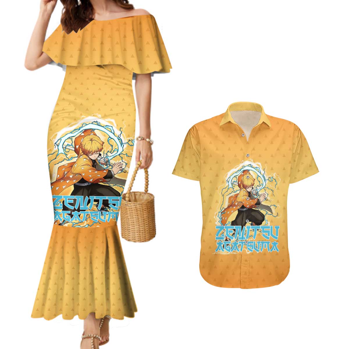 Zenitsu Agatsuma Demon Slayer Couples Matching Mermaid Dress and Hawaiian Shirt Thunder Spark Anime Tri-Pattern Style