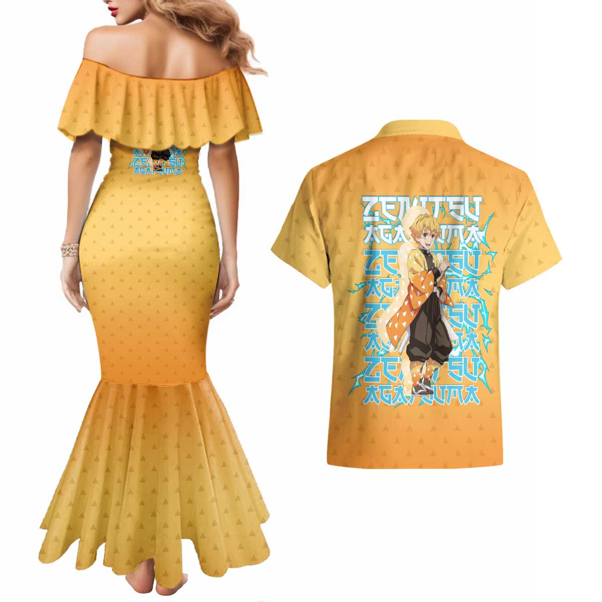 Zenitsu Agatsuma Demon Slayer Couples Matching Mermaid Dress and Hawaiian Shirt Thunder Spark Anime Tri-Pattern Style
