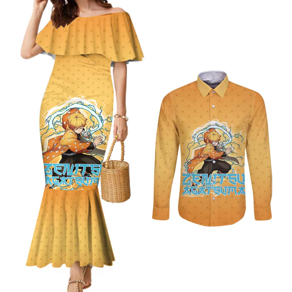Zenitsu Agatsuma Demon Slayer Couples Matching Mermaid Dress and Long Sleeve Button Shirt Thunder Spark Anime Tri-Pattern Style