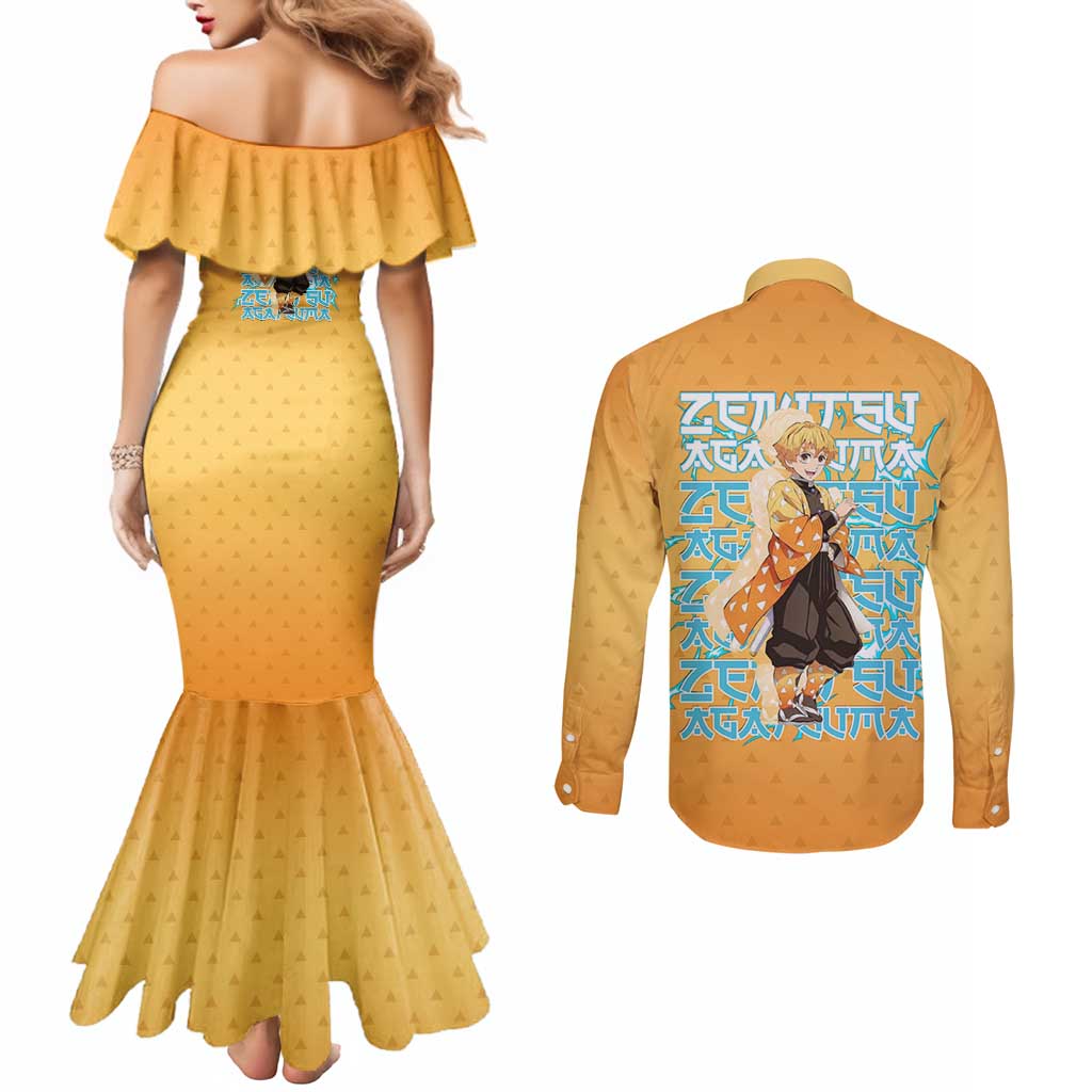 Zenitsu Agatsuma Demon Slayer Couples Matching Mermaid Dress and Long Sleeve Button Shirt Thunder Spark Anime Tri-Pattern Style