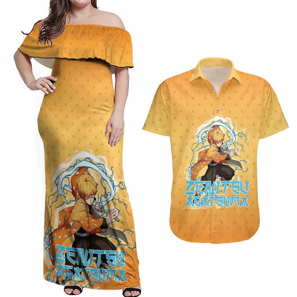 Zenitsu Agatsuma Demon Slayer Couples Matching Off Shoulder Maxi Dress and Hawaiian Shirt Thunder Spark Anime Tri-Pattern Style