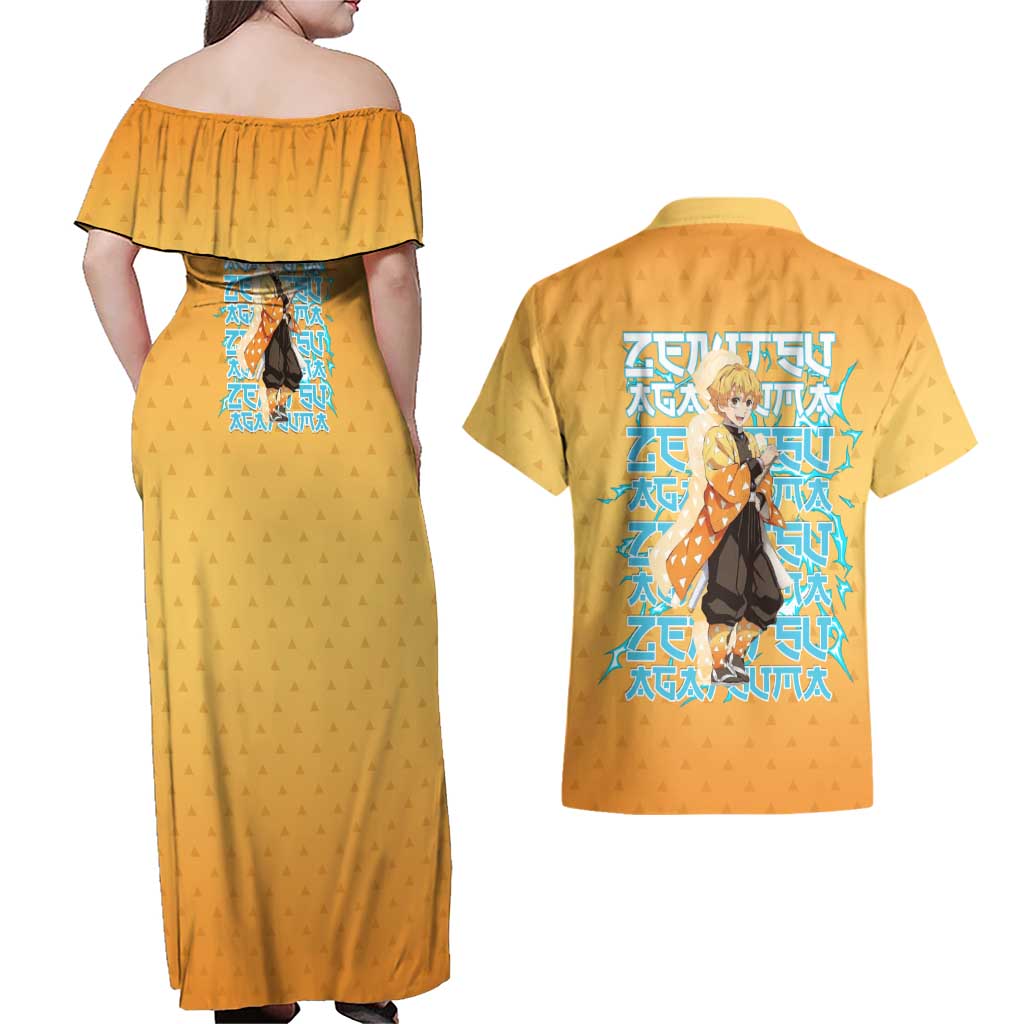 Zenitsu Agatsuma Demon Slayer Couples Matching Off Shoulder Maxi Dress and Hawaiian Shirt Thunder Spark Anime Tri-Pattern Style