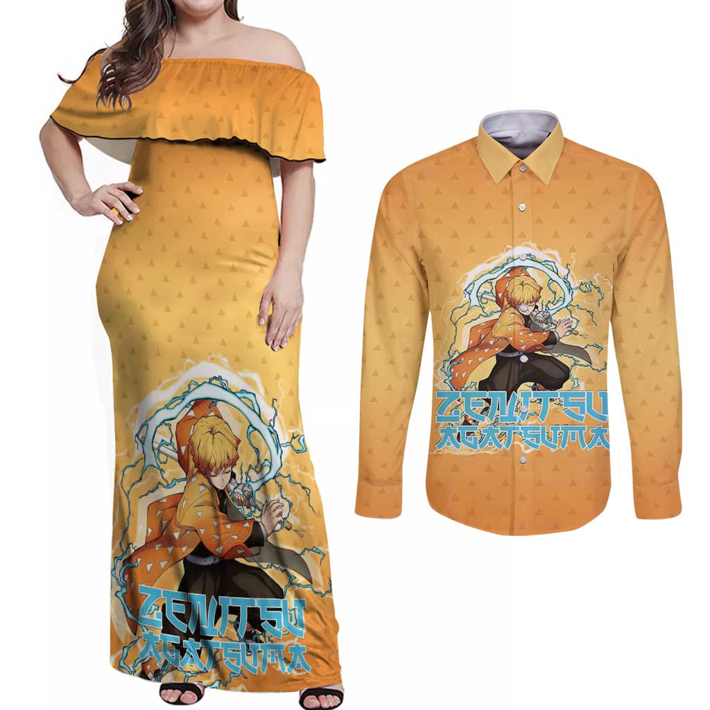 Zenitsu Agatsuma Demon Slayer Couples Matching Off Shoulder Maxi Dress and Long Sleeve Button Shirt Thunder Spark Anime Tri-Pattern Style