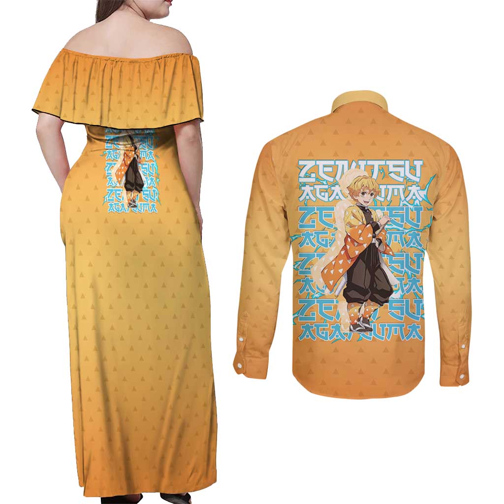 Zenitsu Agatsuma Demon Slayer Couples Matching Off Shoulder Maxi Dress and Long Sleeve Button Shirt Thunder Spark Anime Tri-Pattern Style