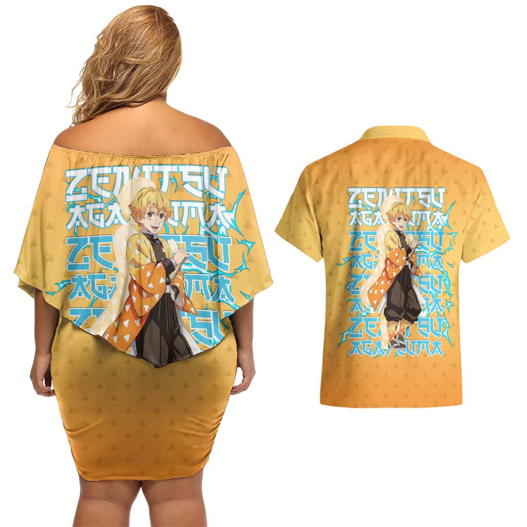 Zenitsu Agatsuma Demon Slayer Couples Matching Off Shoulder Short Dress and Hawaiian Shirt Thunder Spark Anime Tri-Pattern Style