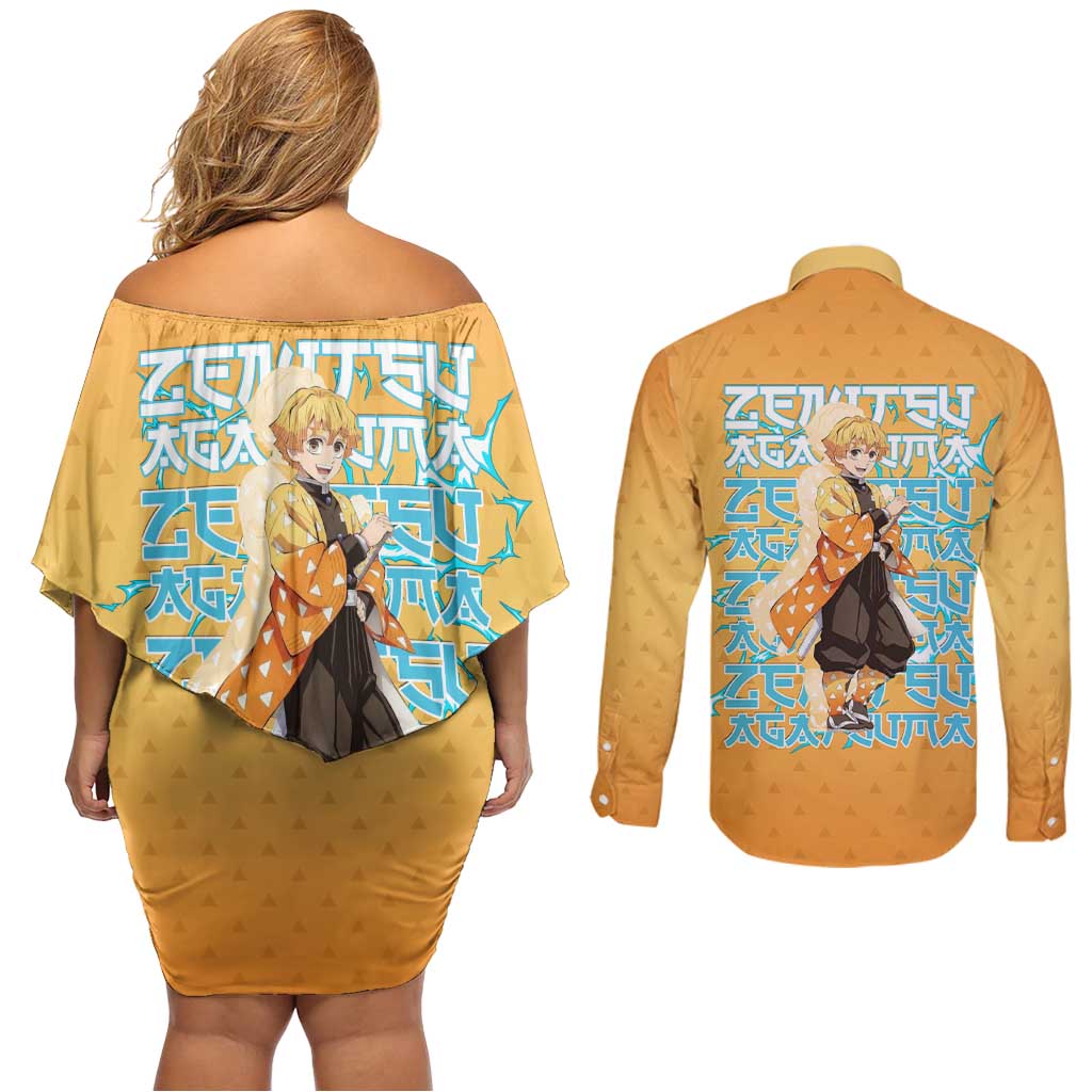 Zenitsu Agatsuma Demon Slayer Couples Matching Off Shoulder Short Dress and Long Sleeve Button Shirt Thunder Spark Anime Tri-Pattern Style