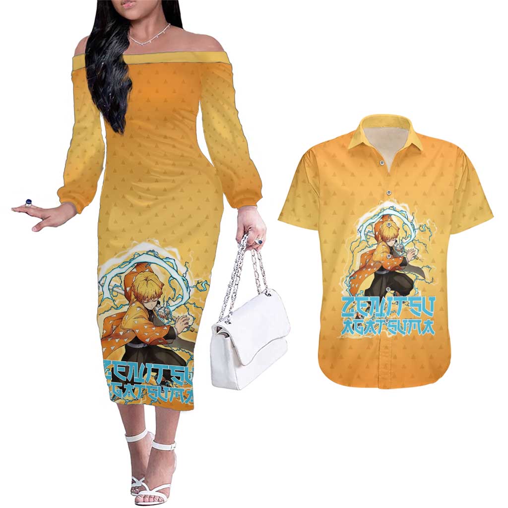 Zenitsu Agatsuma Demon Slayer Couples Matching Off The Shoulder Long Sleeve Dress and Hawaiian Shirt Thunder Spark Anime Tri-Pattern Style