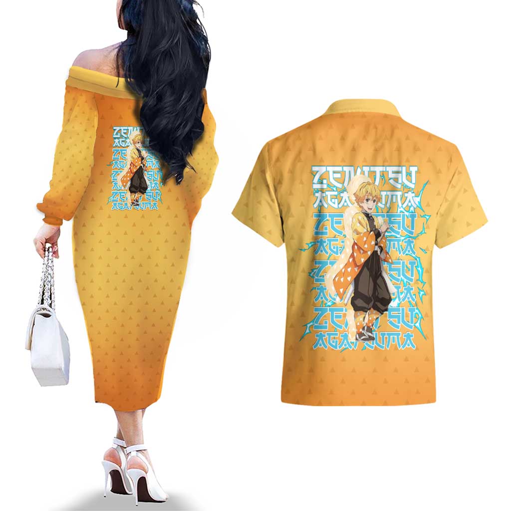 Zenitsu Agatsuma Demon Slayer Couples Matching Off The Shoulder Long Sleeve Dress and Hawaiian Shirt Thunder Spark Anime Tri-Pattern Style
