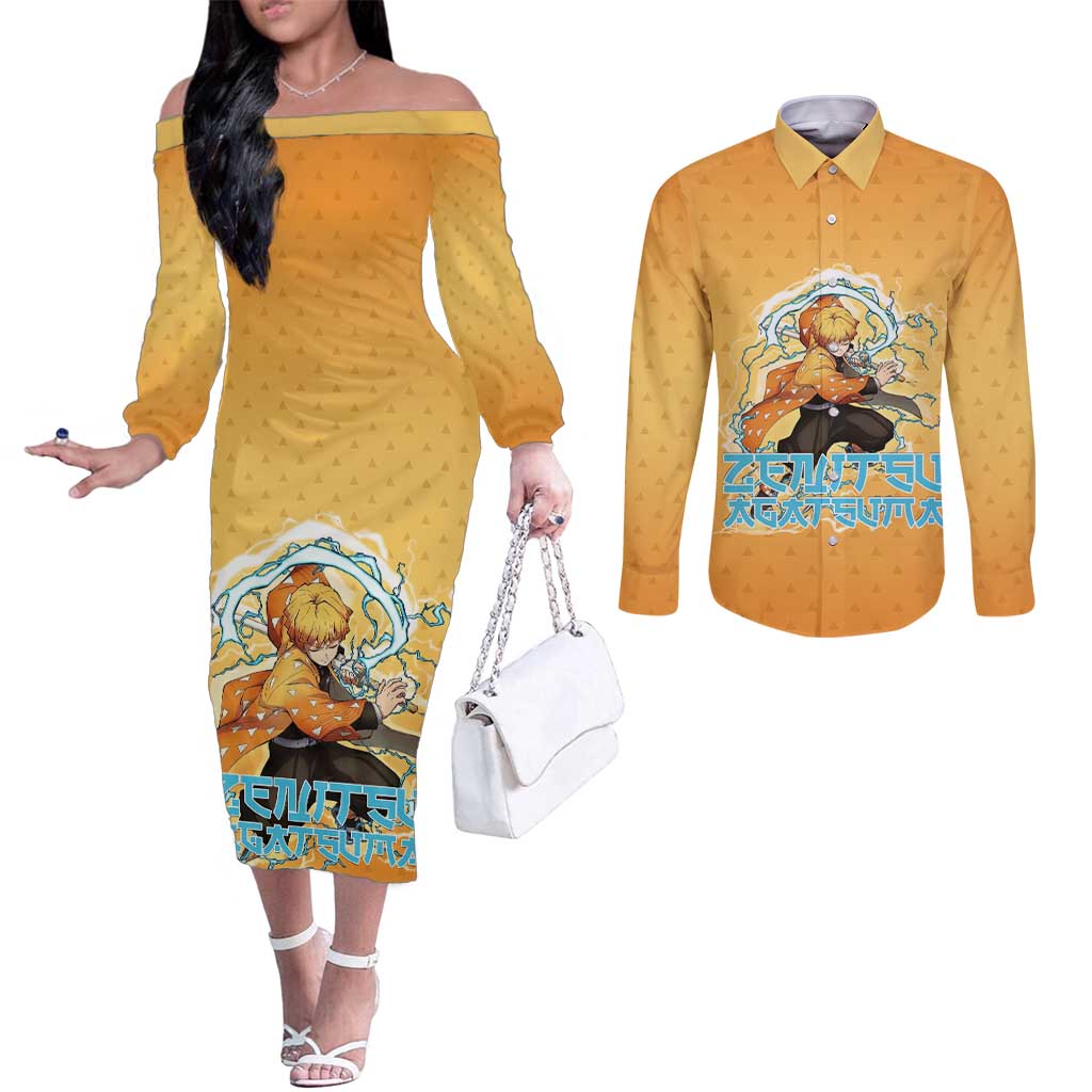 Zenitsu Agatsuma Demon Slayer Couples Matching Off The Shoulder Long Sleeve Dress and Long Sleeve Button Shirt Thunder Spark Anime Tri-Pattern Style