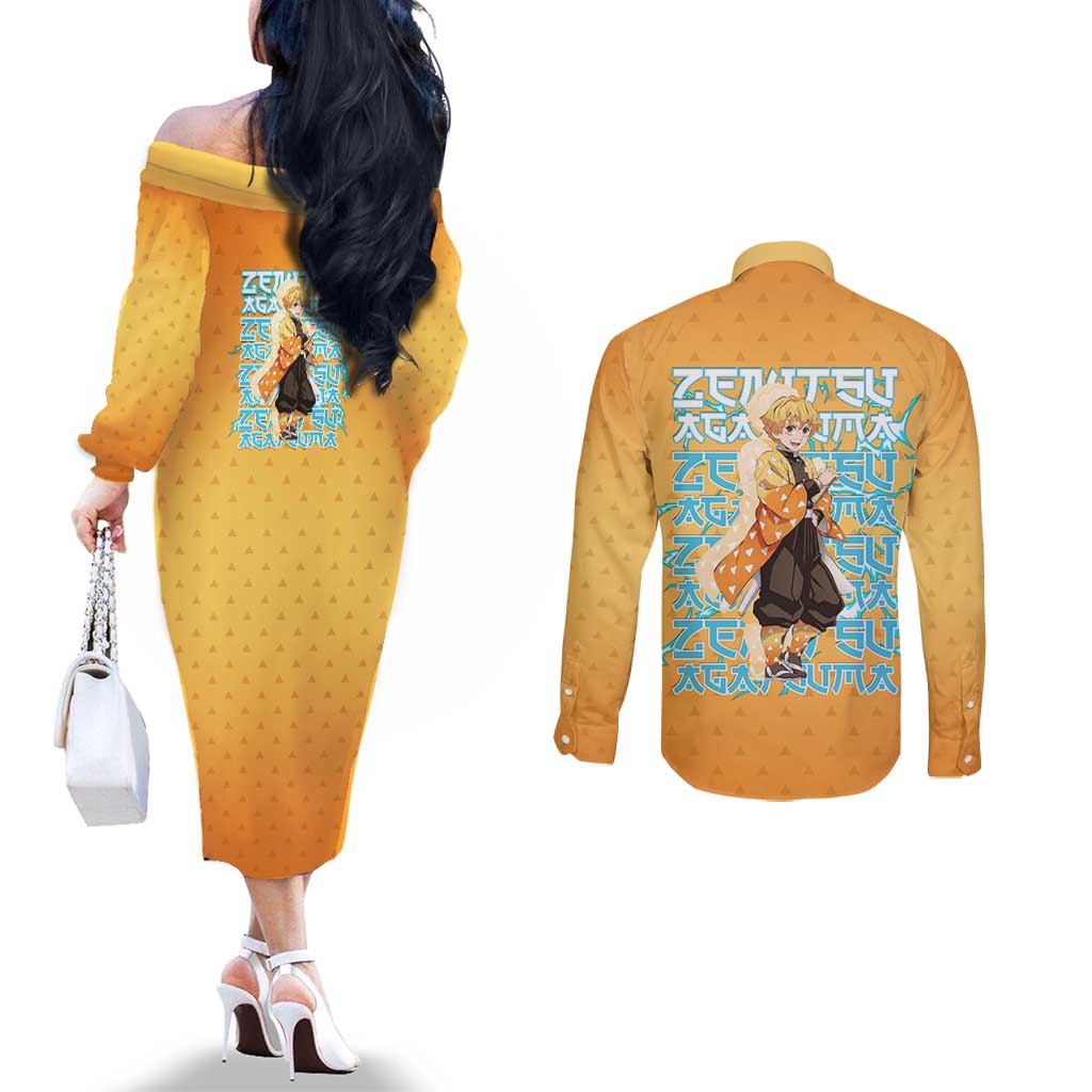 Zenitsu Agatsuma Demon Slayer Couples Matching Off The Shoulder Long Sleeve Dress and Long Sleeve Button Shirt Thunder Spark Anime Tri-Pattern Style
