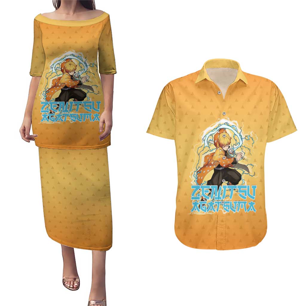 Zenitsu Agatsuma Demon Slayer Couples Matching Puletasi and Hawaiian Shirt Thunder Spark Anime Tri-Pattern Style