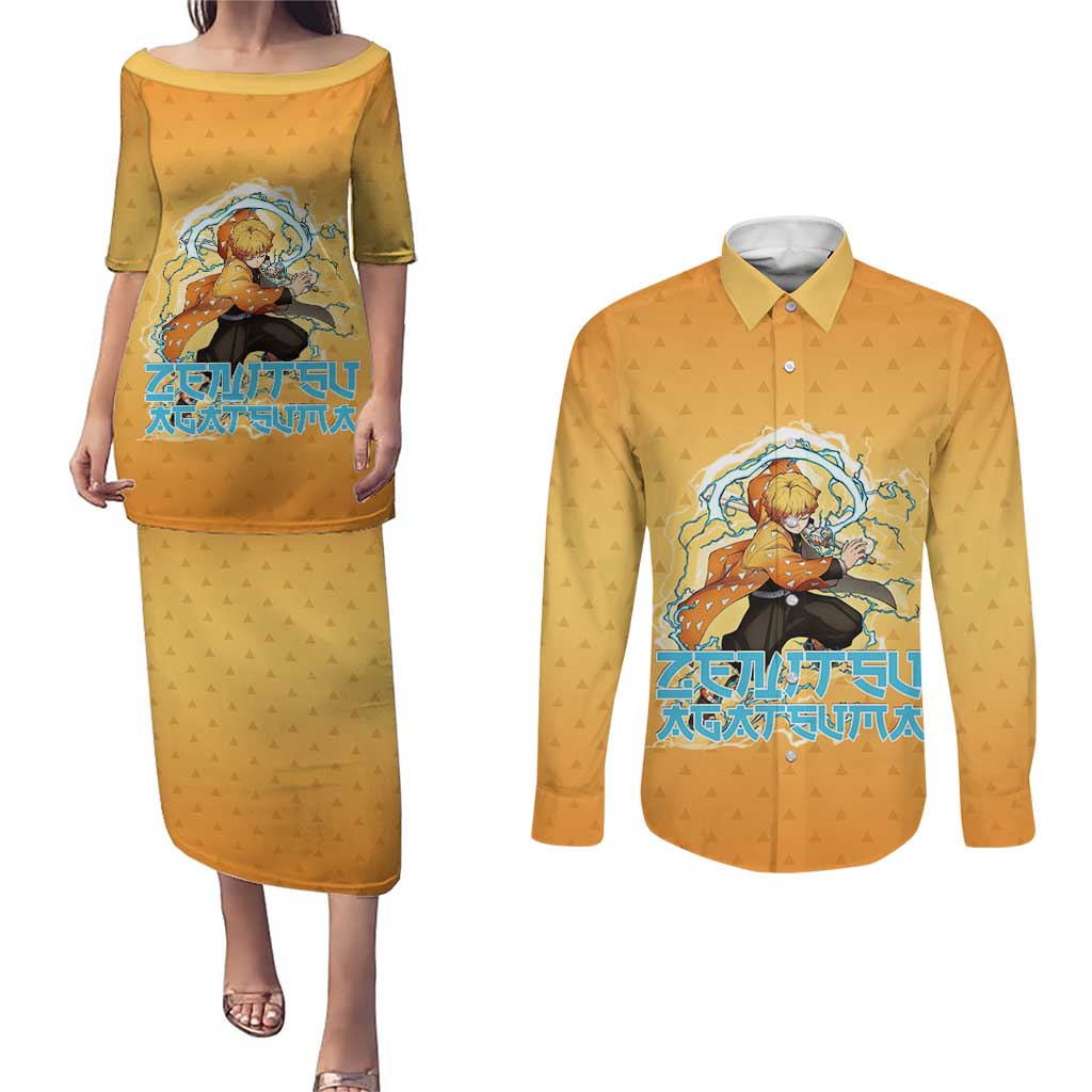 Zenitsu Agatsuma Demon Slayer Couples Matching Puletasi and Long Sleeve Button Shirt Thunder Spark Anime Tri-Pattern Style