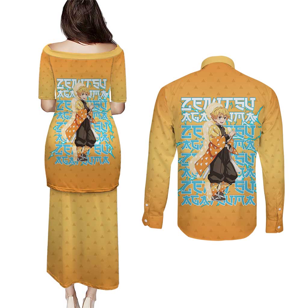 Zenitsu Agatsuma Demon Slayer Couples Matching Puletasi and Long Sleeve Button Shirt Thunder Spark Anime Tri-Pattern Style
