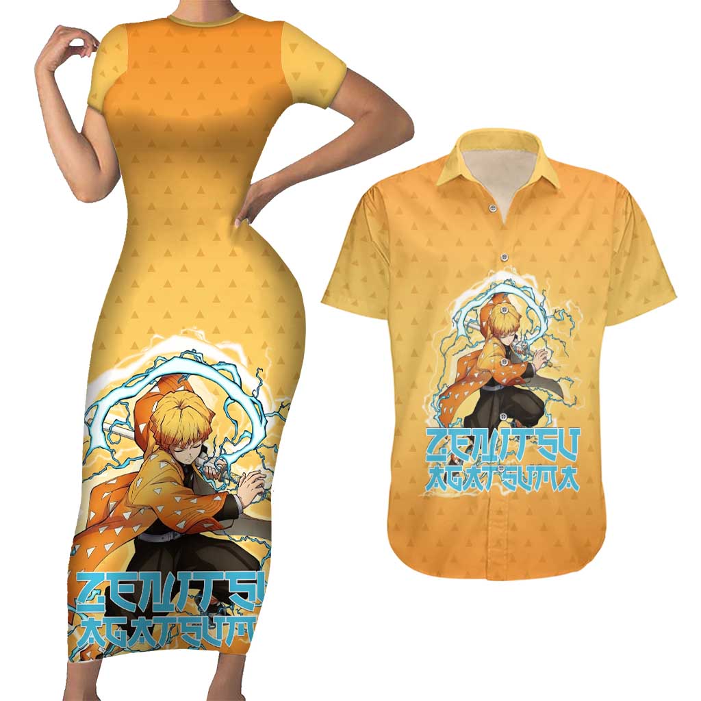 Zenitsu Agatsuma Demon Slayer Couples Matching Short Sleeve Bodycon Dress and Hawaiian Shirt Thunder Spark Anime Tri-Pattern Style